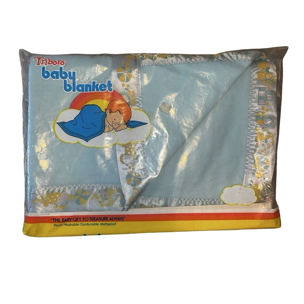 Vintage Triboro Acrylic Baby Blanket Blue Blocks Animals 36x45 Satin Trim NEW